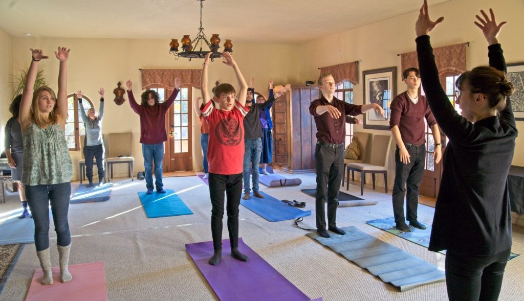 Students doing pilates in a living room